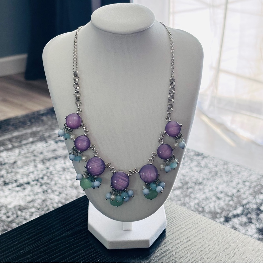 Pastel Cat Eye Statement Necklace Lavender Cabochon Mint Blue Charms